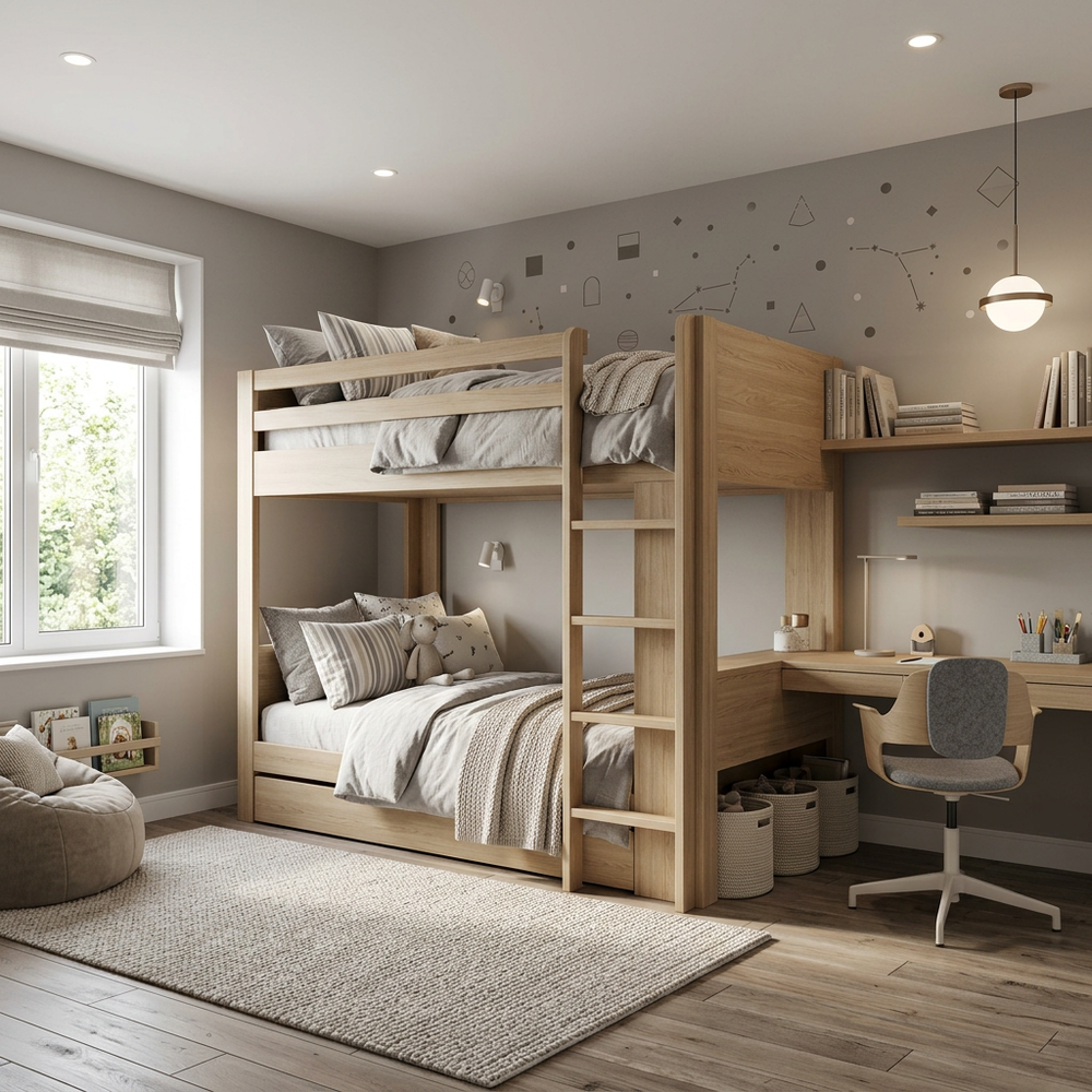 Neutral Theme Kids Bedroom with Bunk Bed