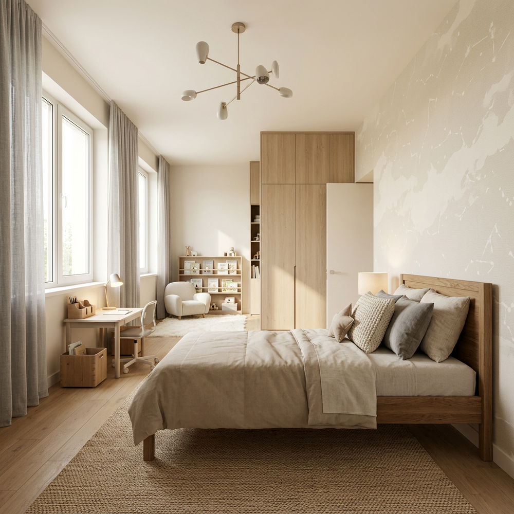 Neutral Theme Kids Bedroom with Single Bed
