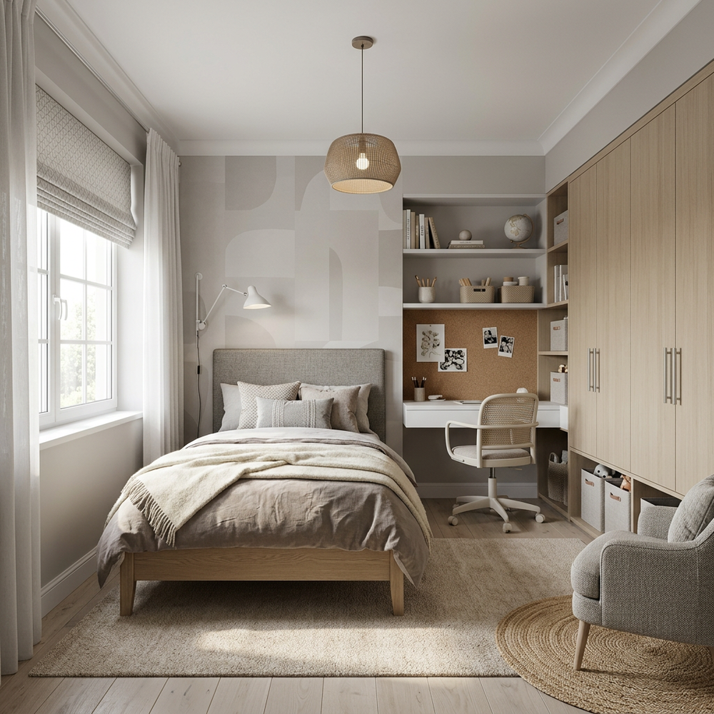 Neutral Theme Kids Bedroom with Single Bed