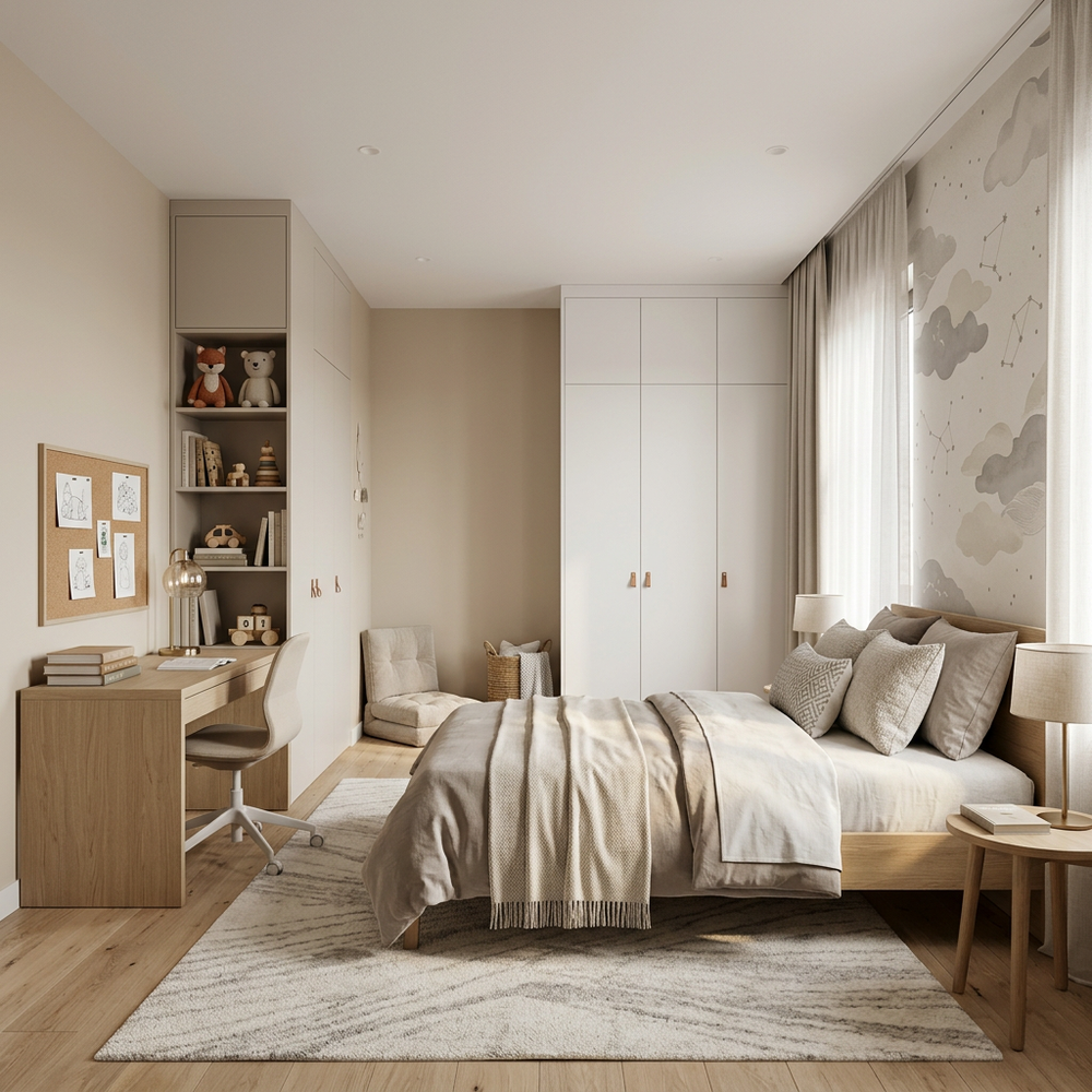 Neutral Theme Kids Bedroom with Single Bed