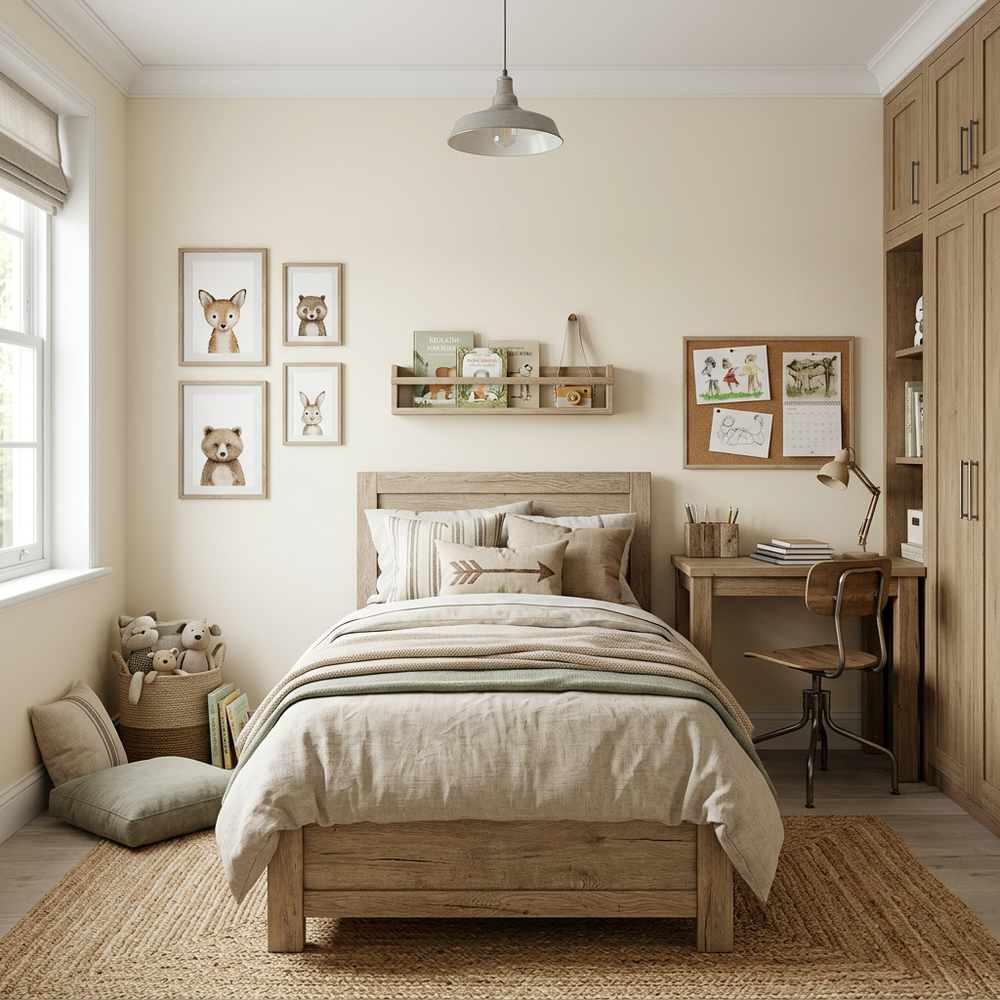 Neutral Tri-Colour Rustic Kids Bedroom with Single Bed