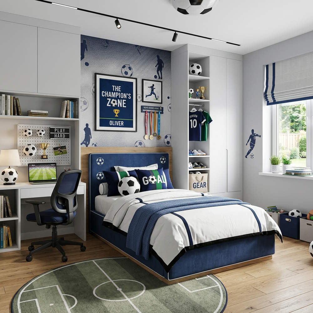 Soccer Theme Kids Bedroom with Single Bed