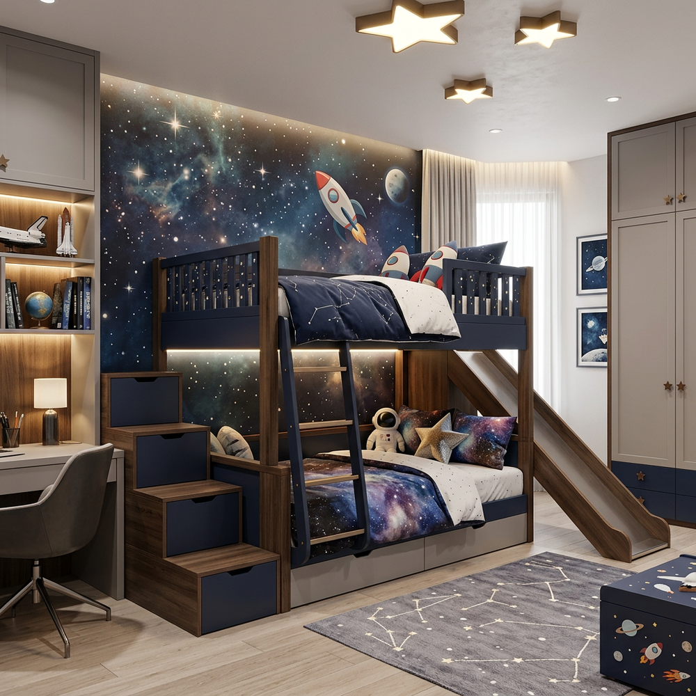 Space Galaxy Kids Bedroom with Bunk Bed