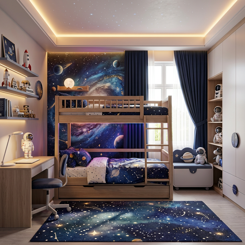 Space Galaxy Kids Bedroom with Bunk Bed