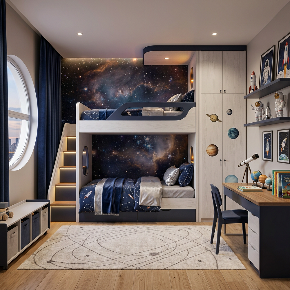 Space Galaxy Kids Bedroom with Bunk Bed