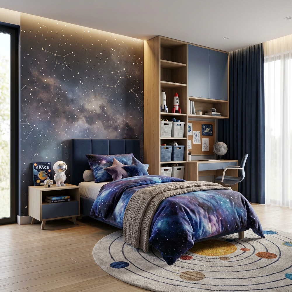 Space Galaxy Kids Bedroom with Single Bed