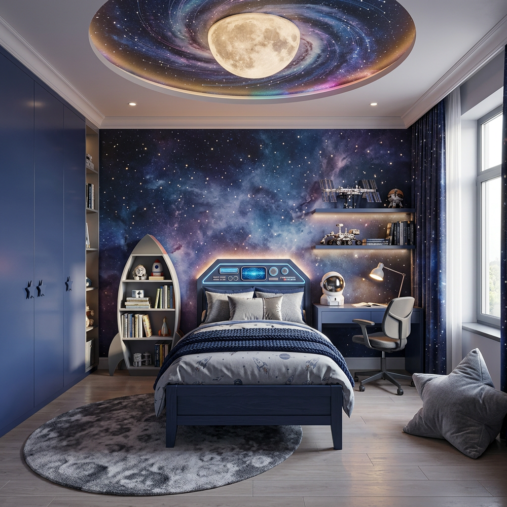 Space Galaxy Kids Bedroom with Single Bed