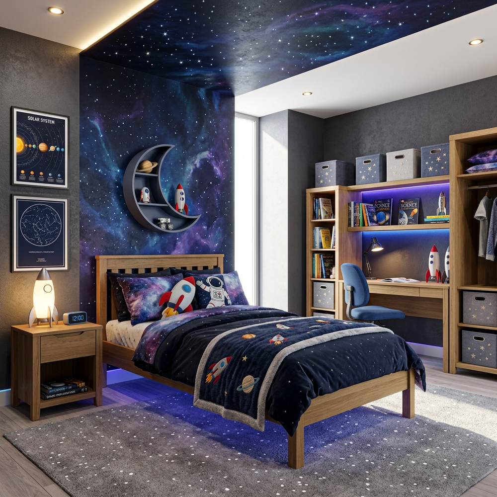 Space Galaxy Kids Bedroom with Single Bed