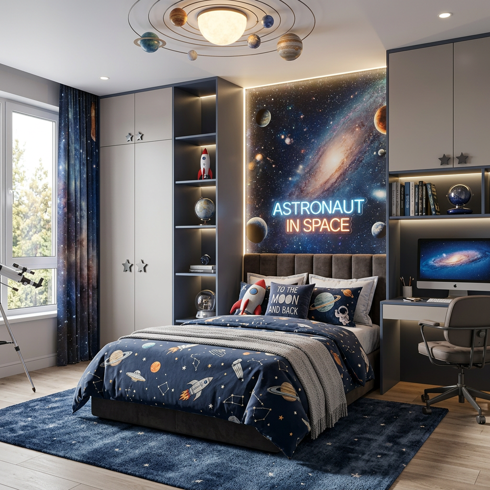 Space Galaxy Kids Bedroom with Single Bed