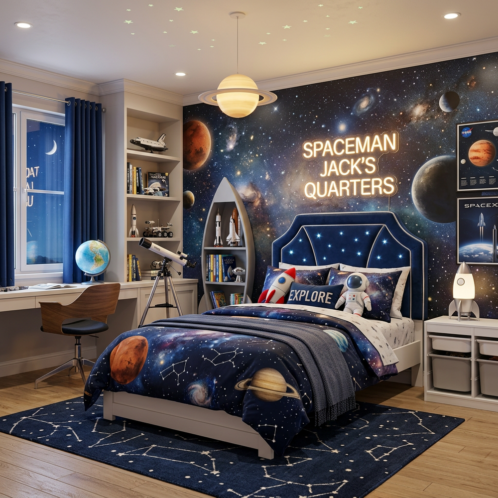 Space Galaxy Kids Bedroom with Single Bed