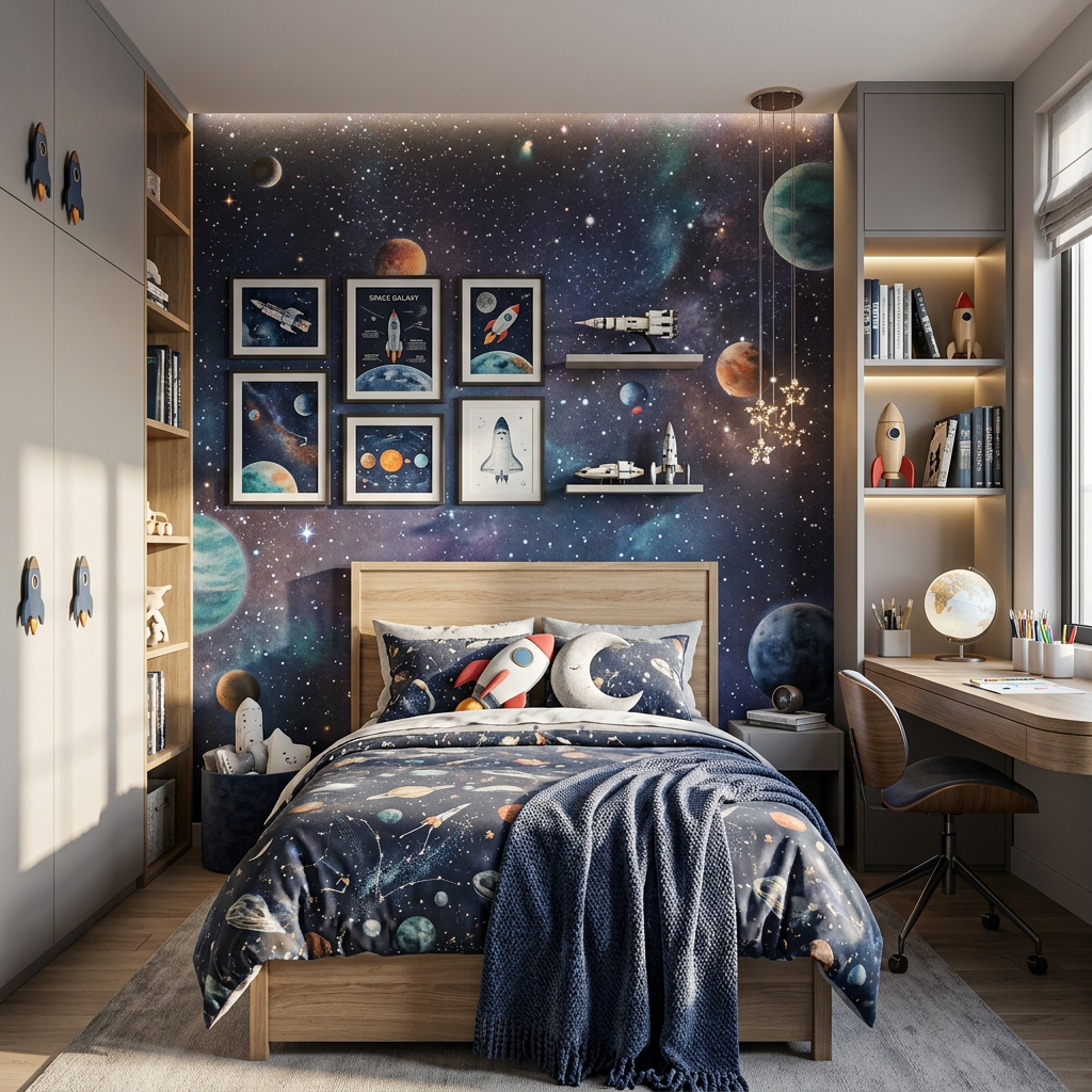 Space Galaxy Teen Bedroom with Hinged Wardrobe and Minimalist Design