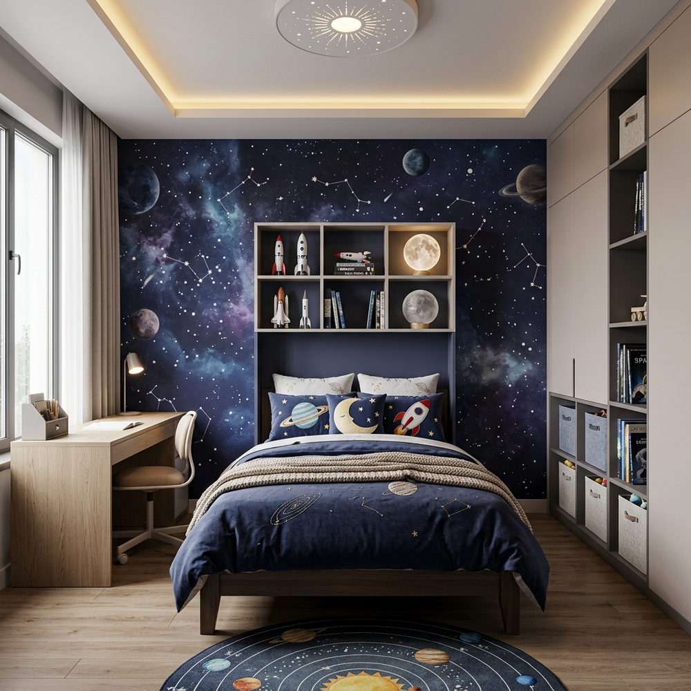 Space Galaxy Kids Bedroom with Single Bed
