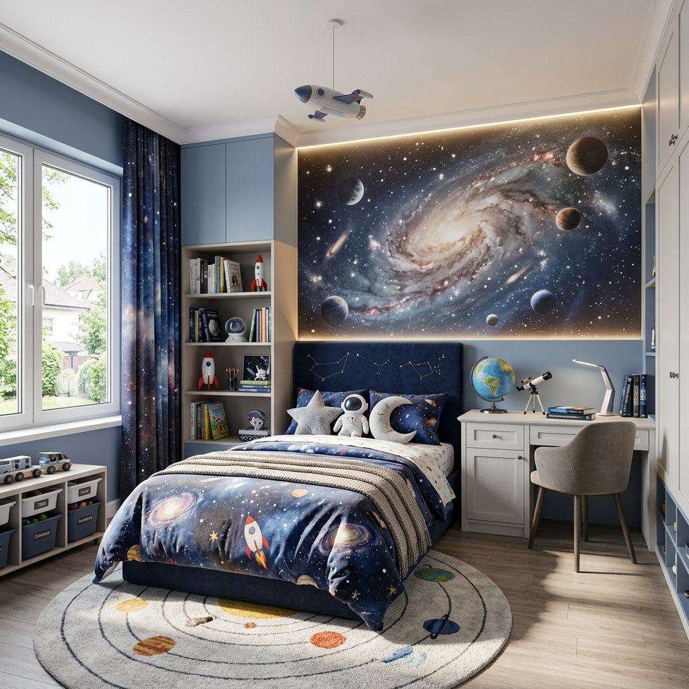Space Galaxy Kids Bedroom with Single Bed