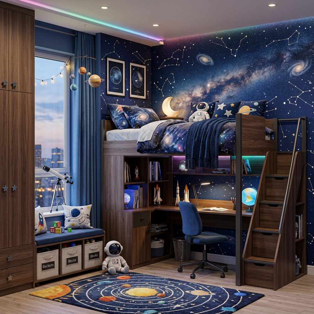 Space Galaxy Theme Kids Bedroom with Loft Bed