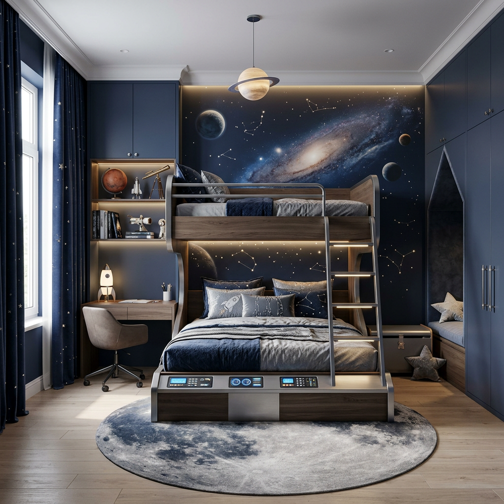 Space Theme Kids Bedroom with Bunk Bed