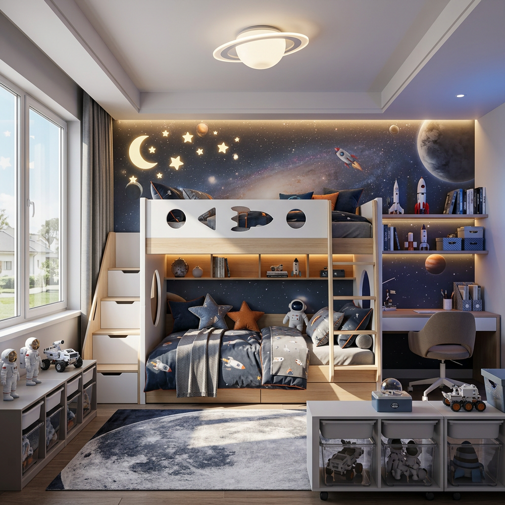 Space Theme Kids Bedroom with Bunk Bed