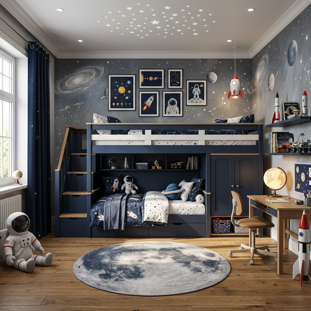 Space Theme Kids Bedroom with Bunk Bed