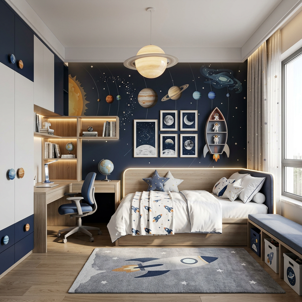 Space Theme Kids Bedroom with Single Bed