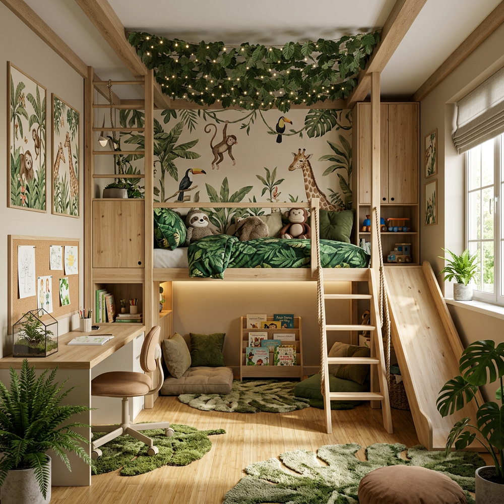 Nature Jungle Kids Bedroom with Loft Bed