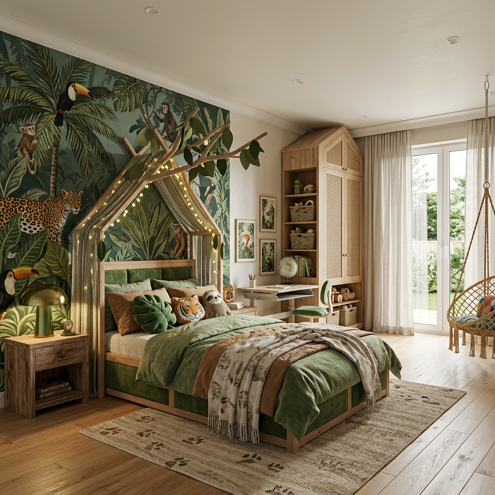 Nature Jungle Kids Bedroom with Single Bed