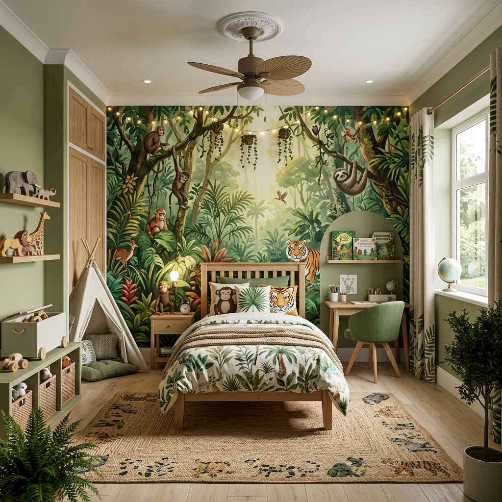 Nature Jungle Kids Bedroom with Single Bed