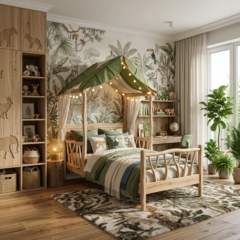 Nature Jungle Theme Kids Bedroom with Single Bed
