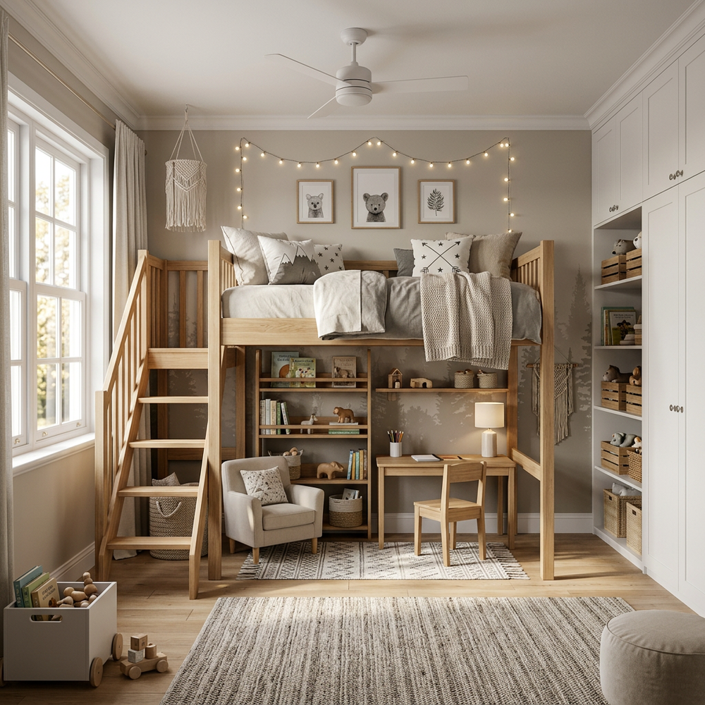 Neutral Kids Bedroom with Loft Bed