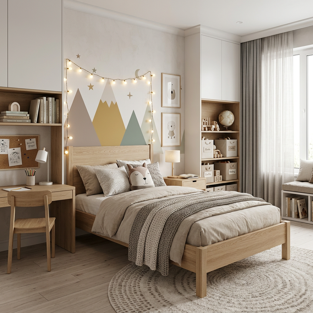 Neutral Kids Bedroom with Single Bed