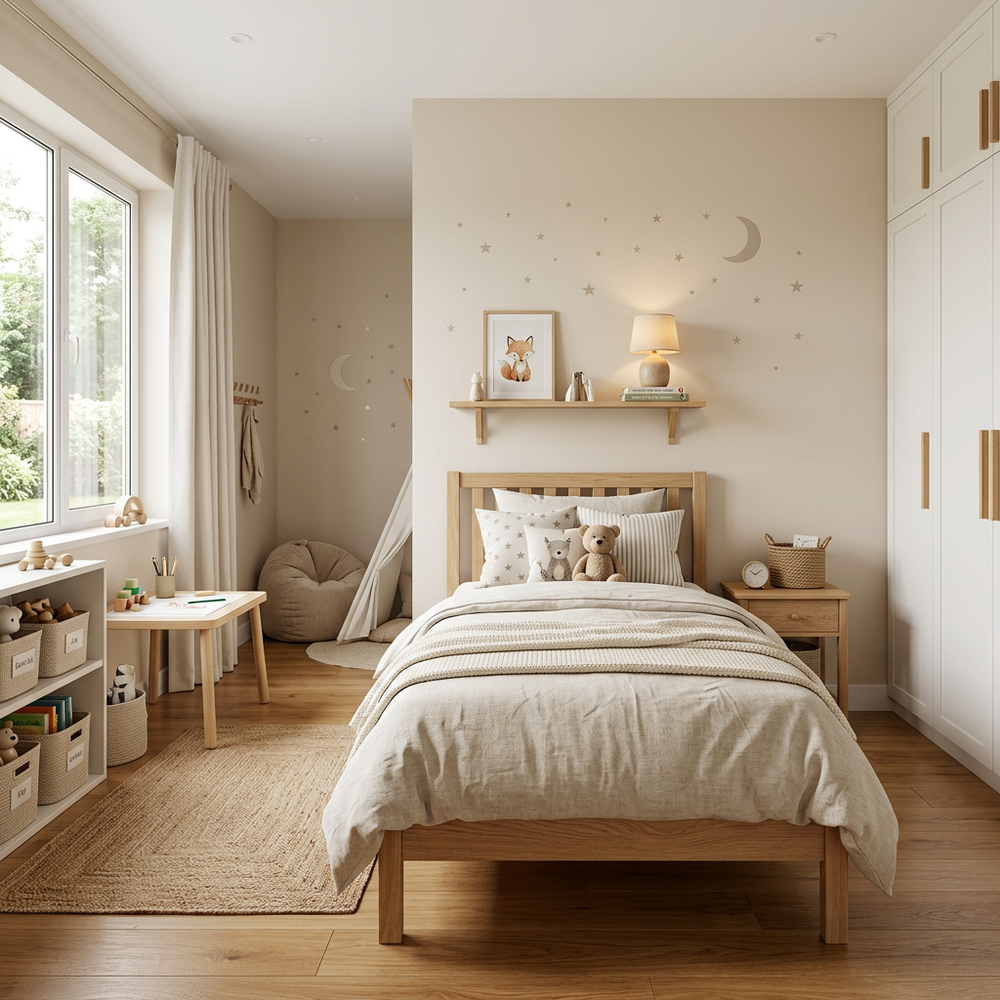 Neutral Kids Bedroom with Single Bed