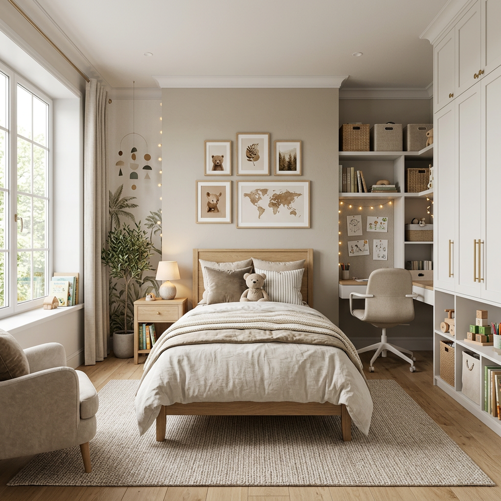 Neutral Kids Bedroom with Single Bed