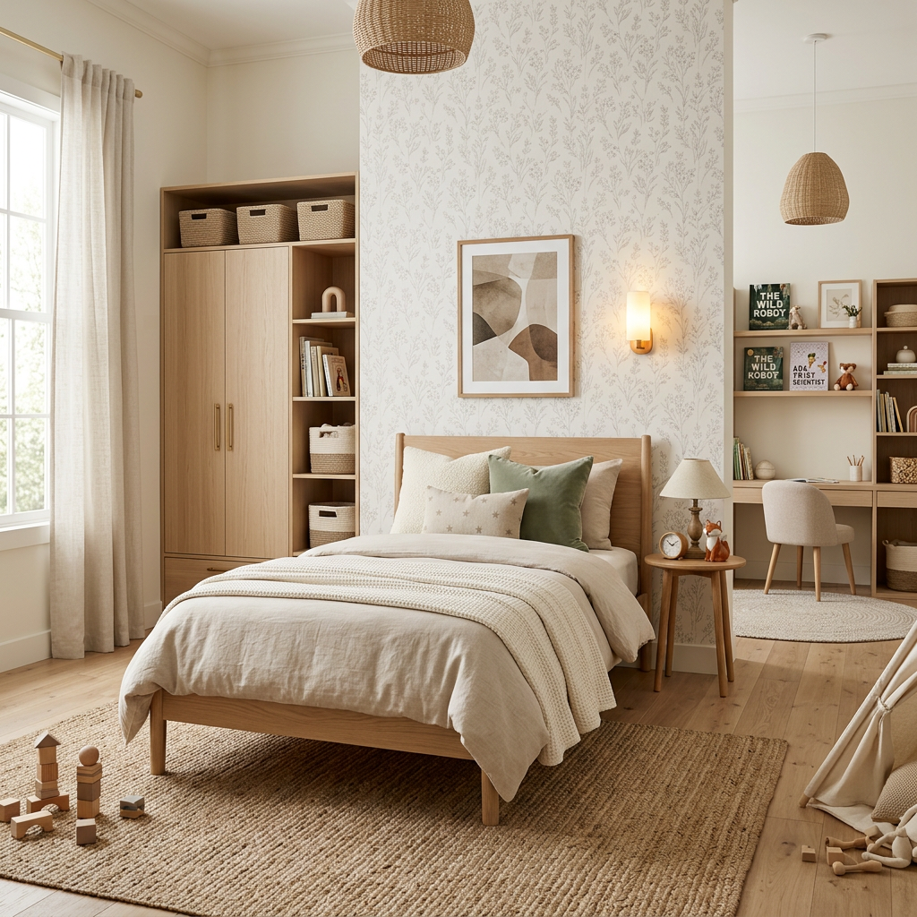 Stylish Neutral Kids Bedroom with Single Bed