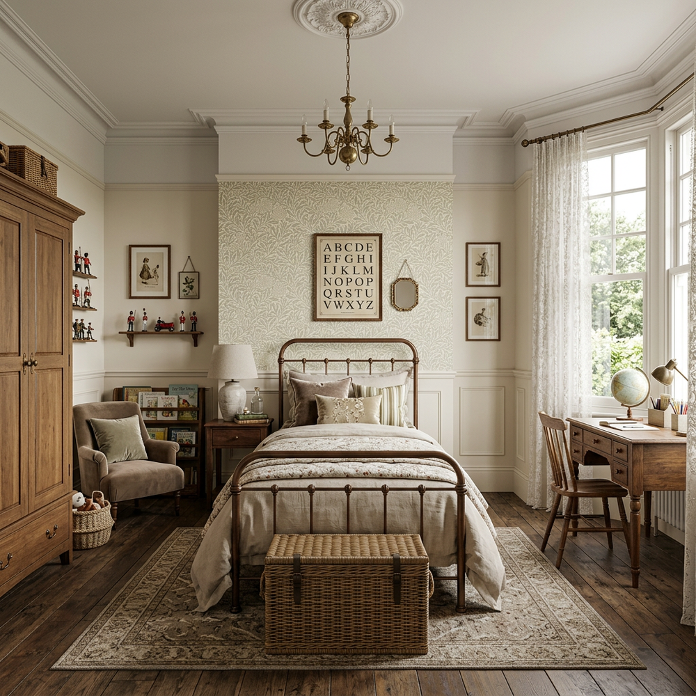 Neutral Victorian Style Kids Bedroom with Single Bed