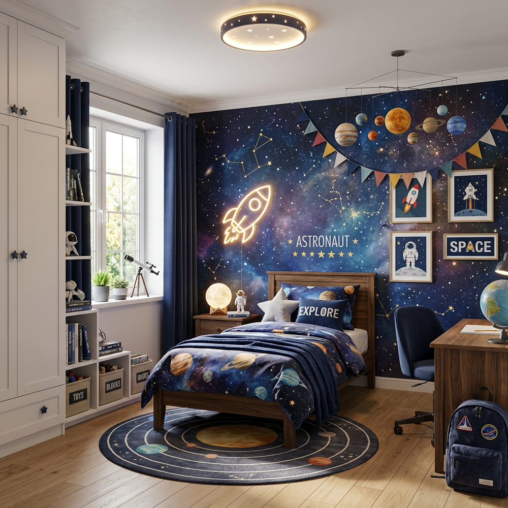 Space Galaxy Kids Bedroom with Single Bed