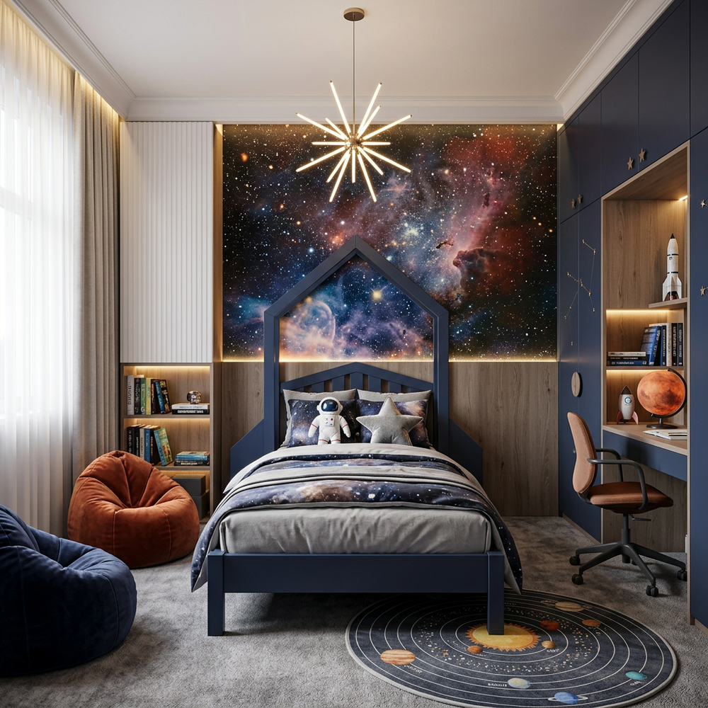 Space Galaxy Kids Bedroom with Single Bed