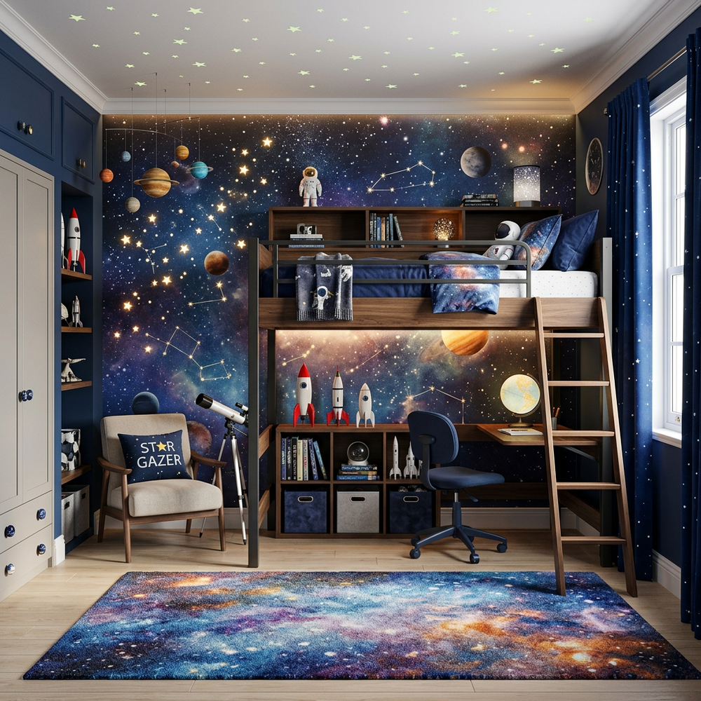 Space Galaxy Theme Kids Bedroom with Loft Bed