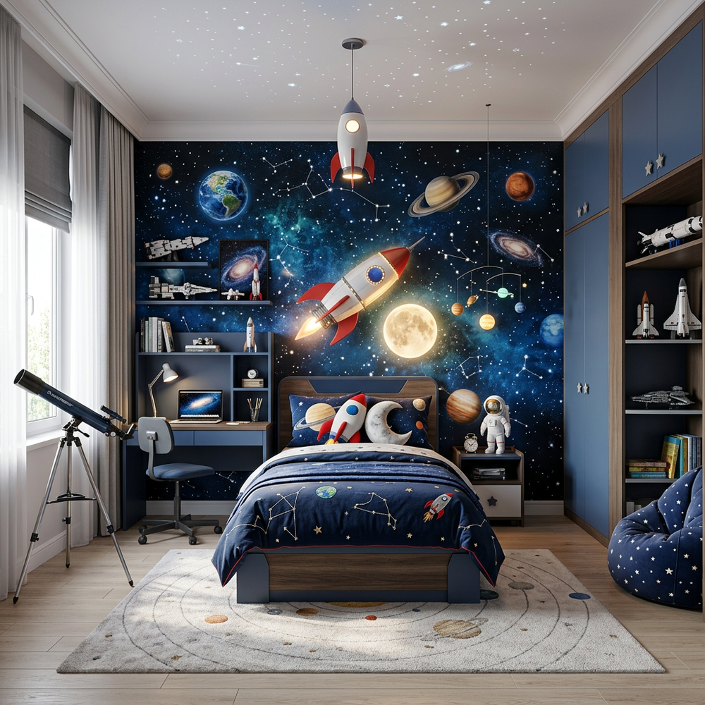 Space Galaxy Theme Kids Bedroom with Single Bed