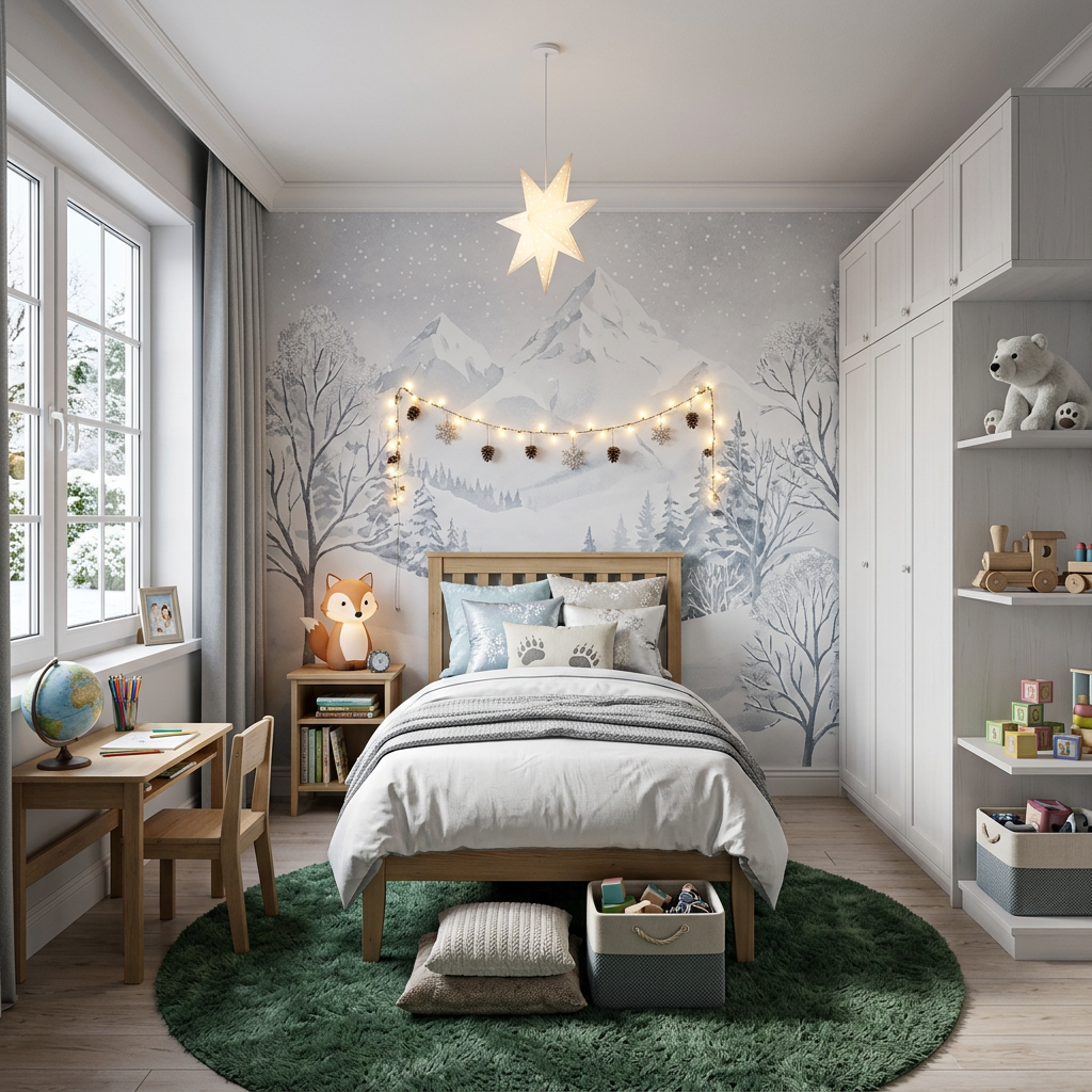Winter Theme Kids Bedroom with Single Bed