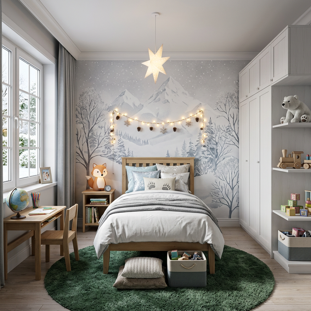 Winter Theme Kids Bedroom with Single Bed