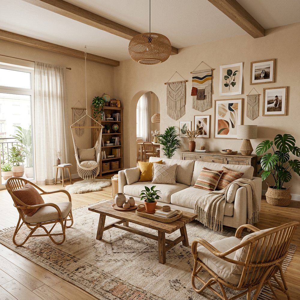 Bohemian Living Room with Wall Art