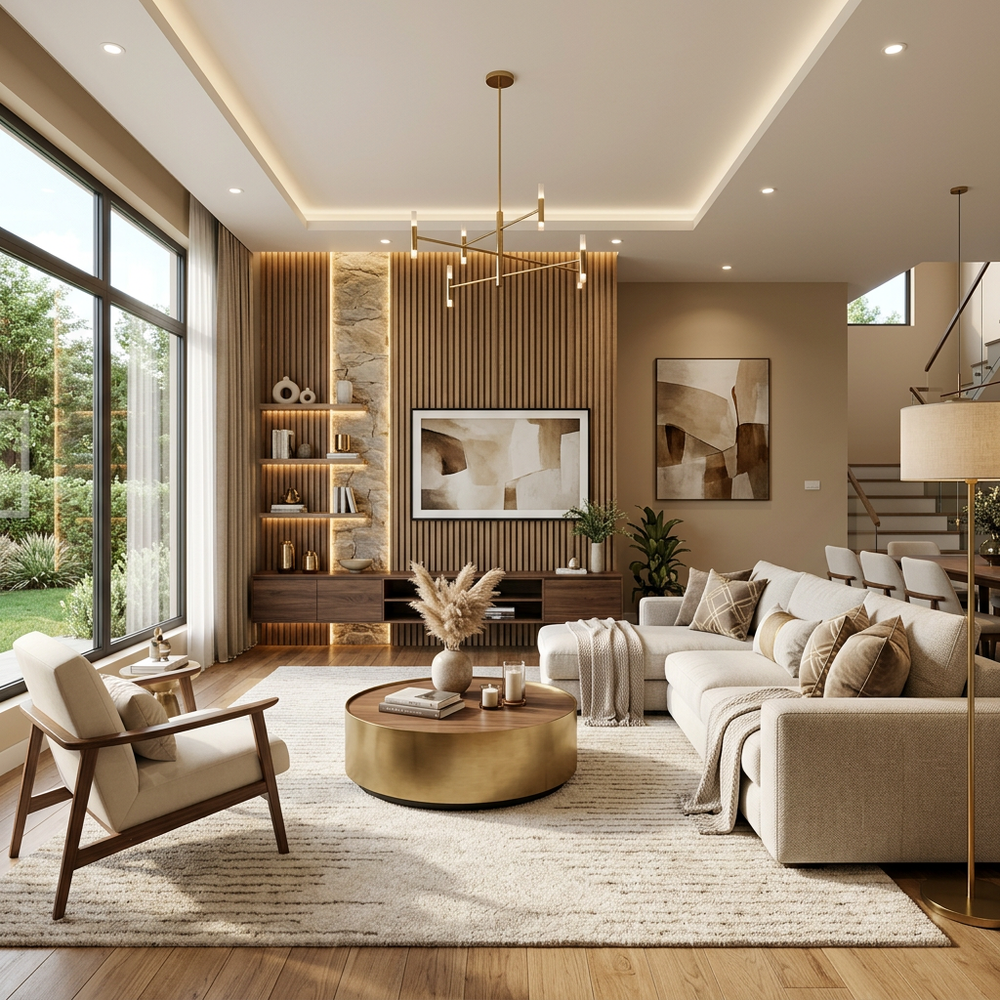 Contemporary Living Room with Accent Wall and L-Shaped Seating