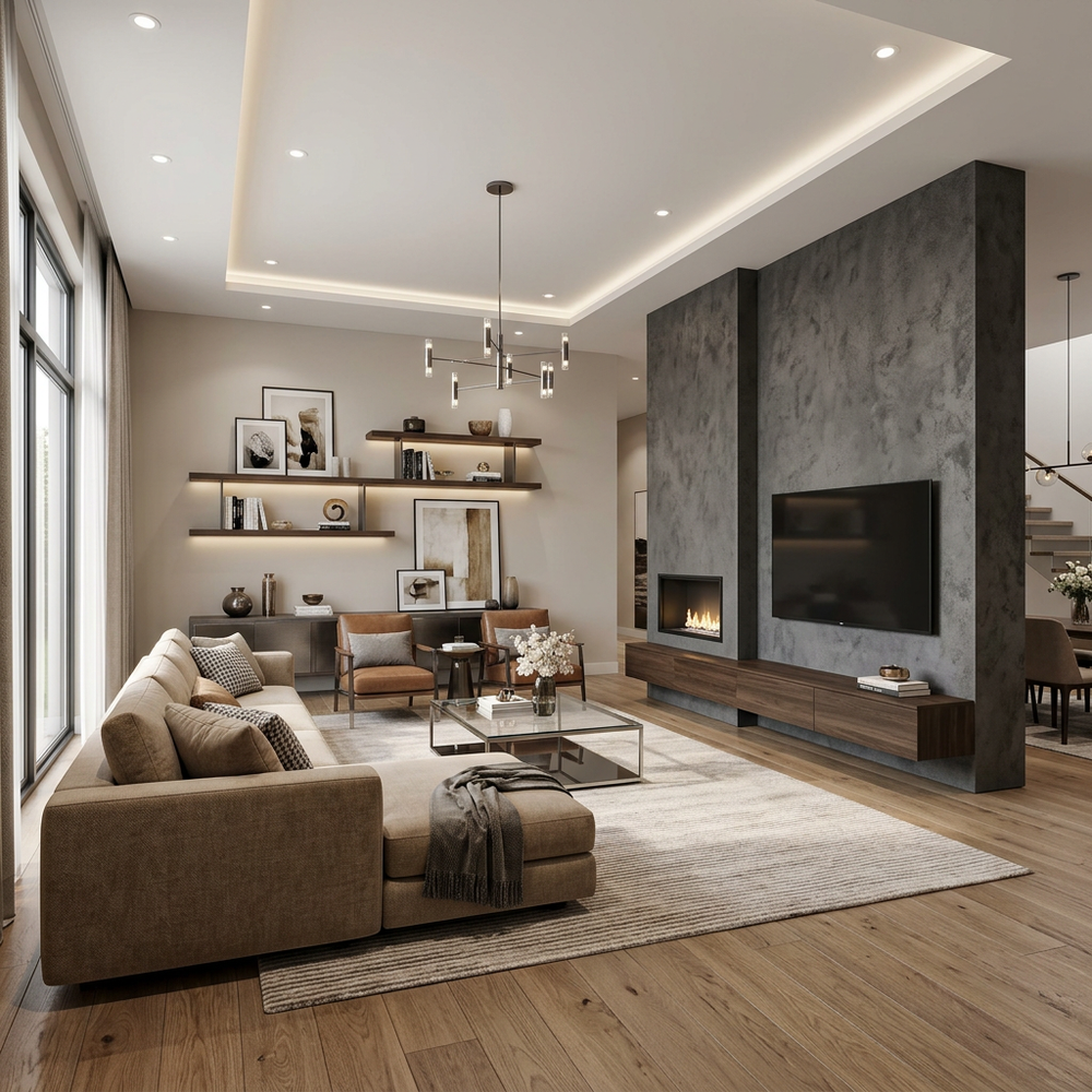 Contemporary Living Room with Beige Palette and LED Lighting