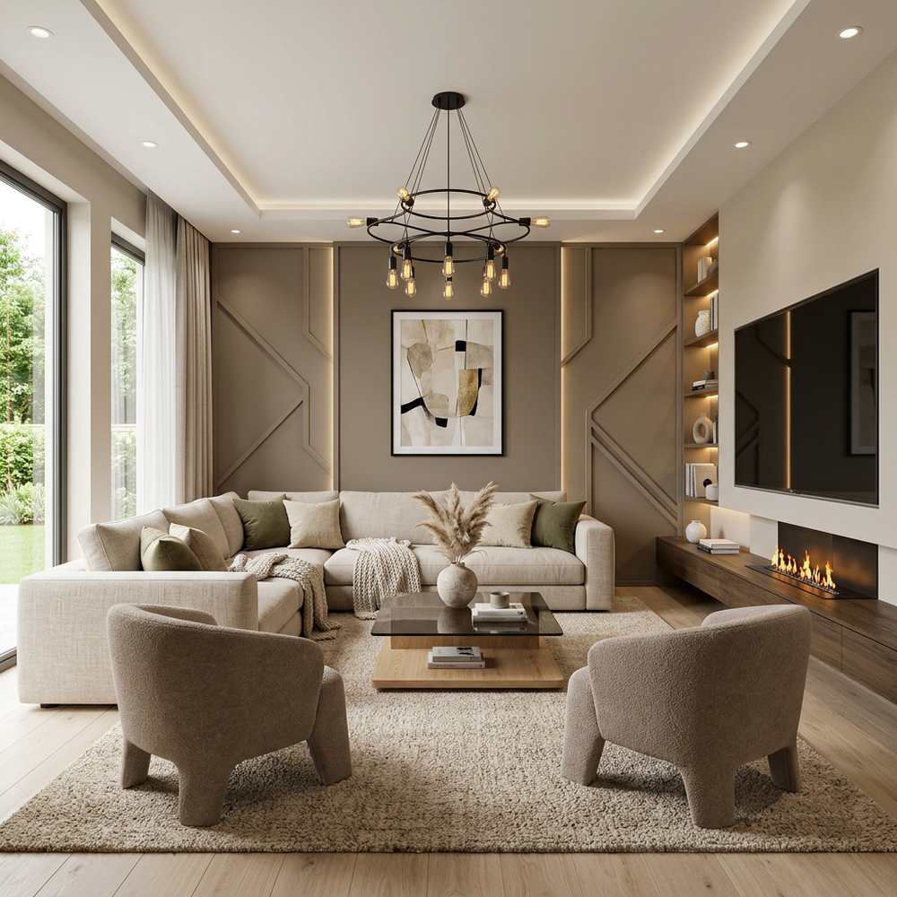 Contemporary Living Room With Accent Wall and Elegant Pendant Lights