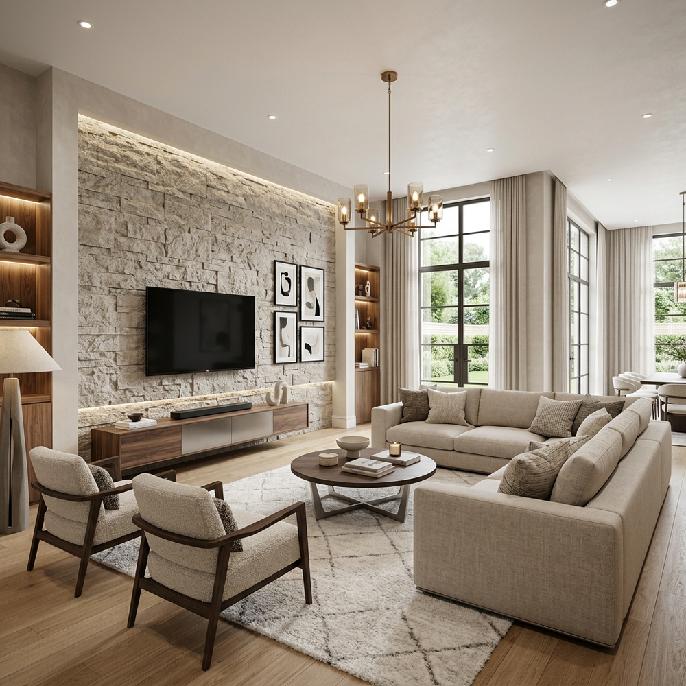 Contemporary Living Room Featuring a Peacock-Feather Accent Wall and False Ceiling