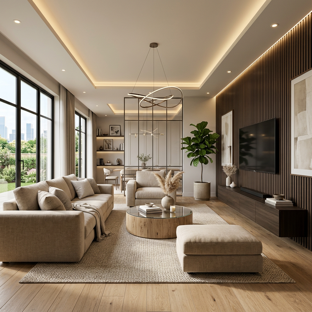 Contemporary Living Room with Accent Wall