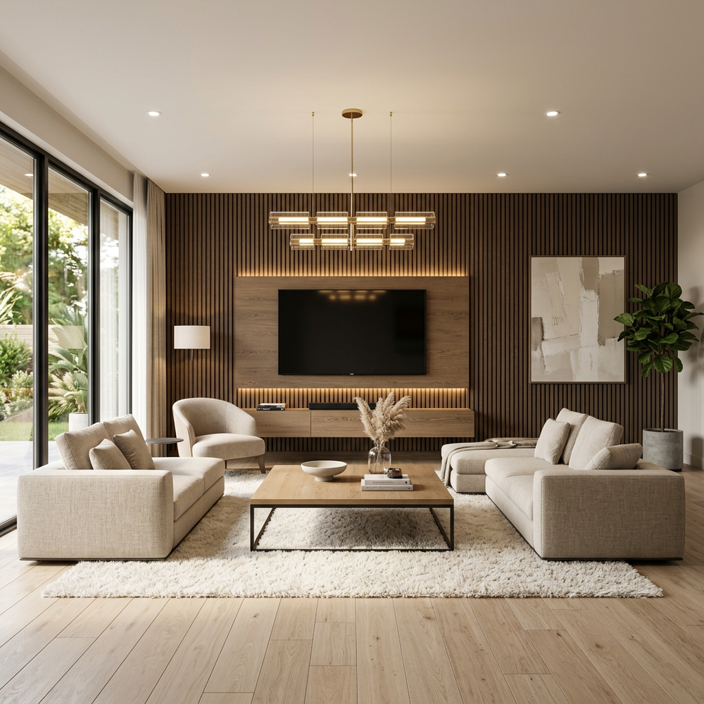 Contemporary Open-Plan Living Room Design with Accent Wall