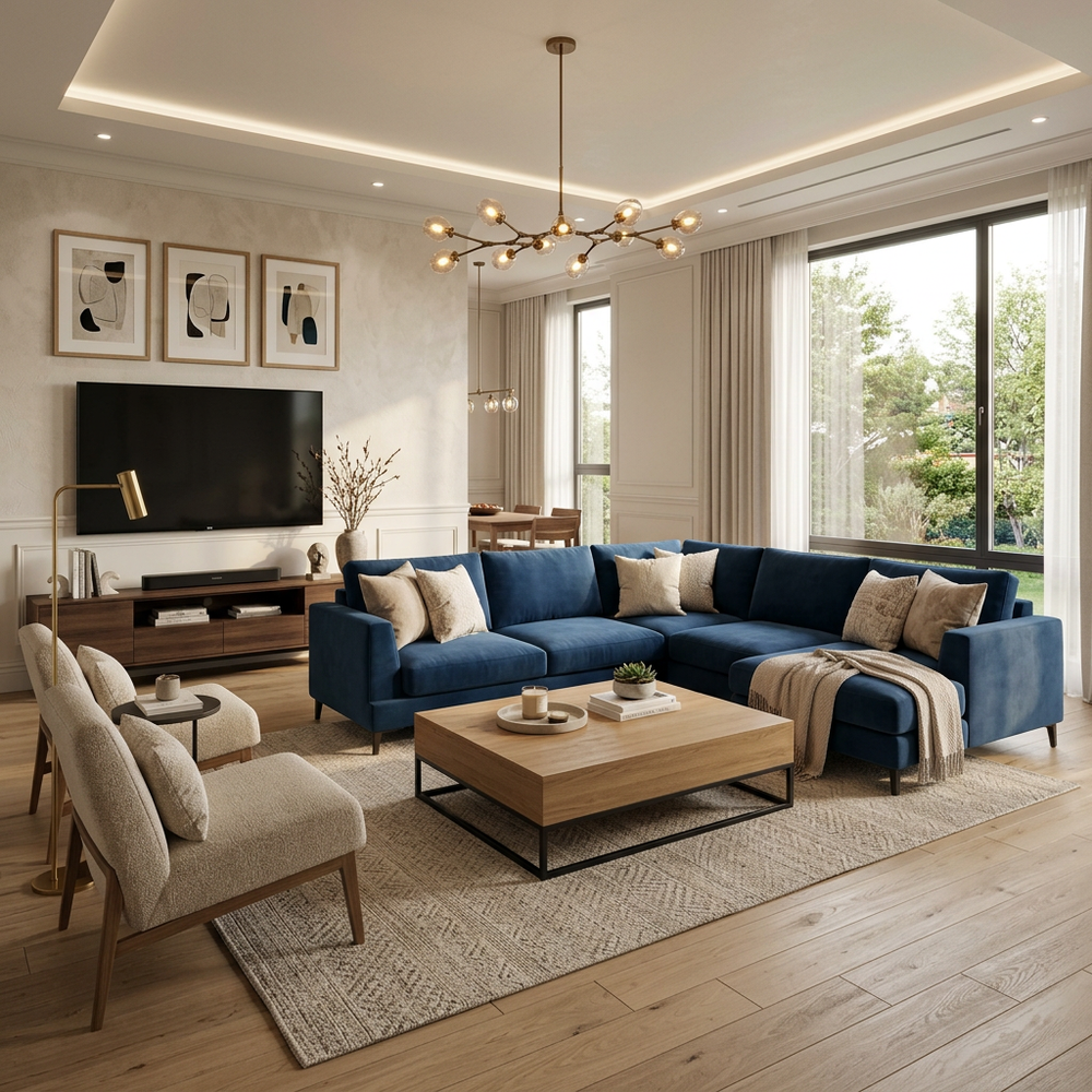 Contemporary Living Room with Blue L-Shaped Sofa