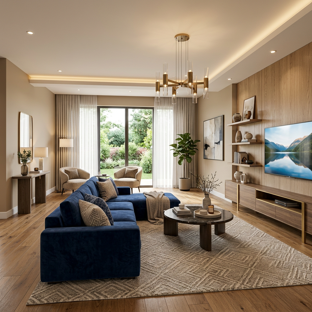 Contemporary Living Room Design with Blue Upholstered Sofa & Modern Interiors