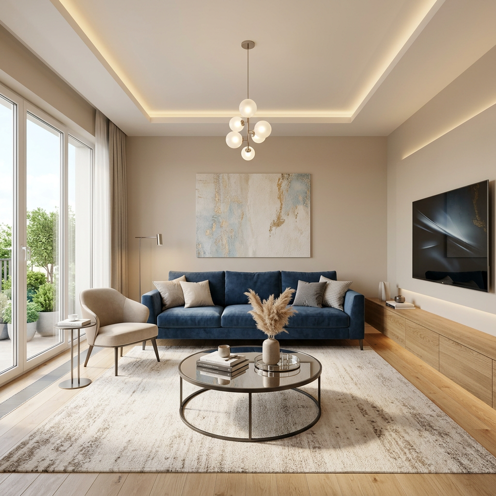Contemporary Living Room with Blue Upholstered Sofa