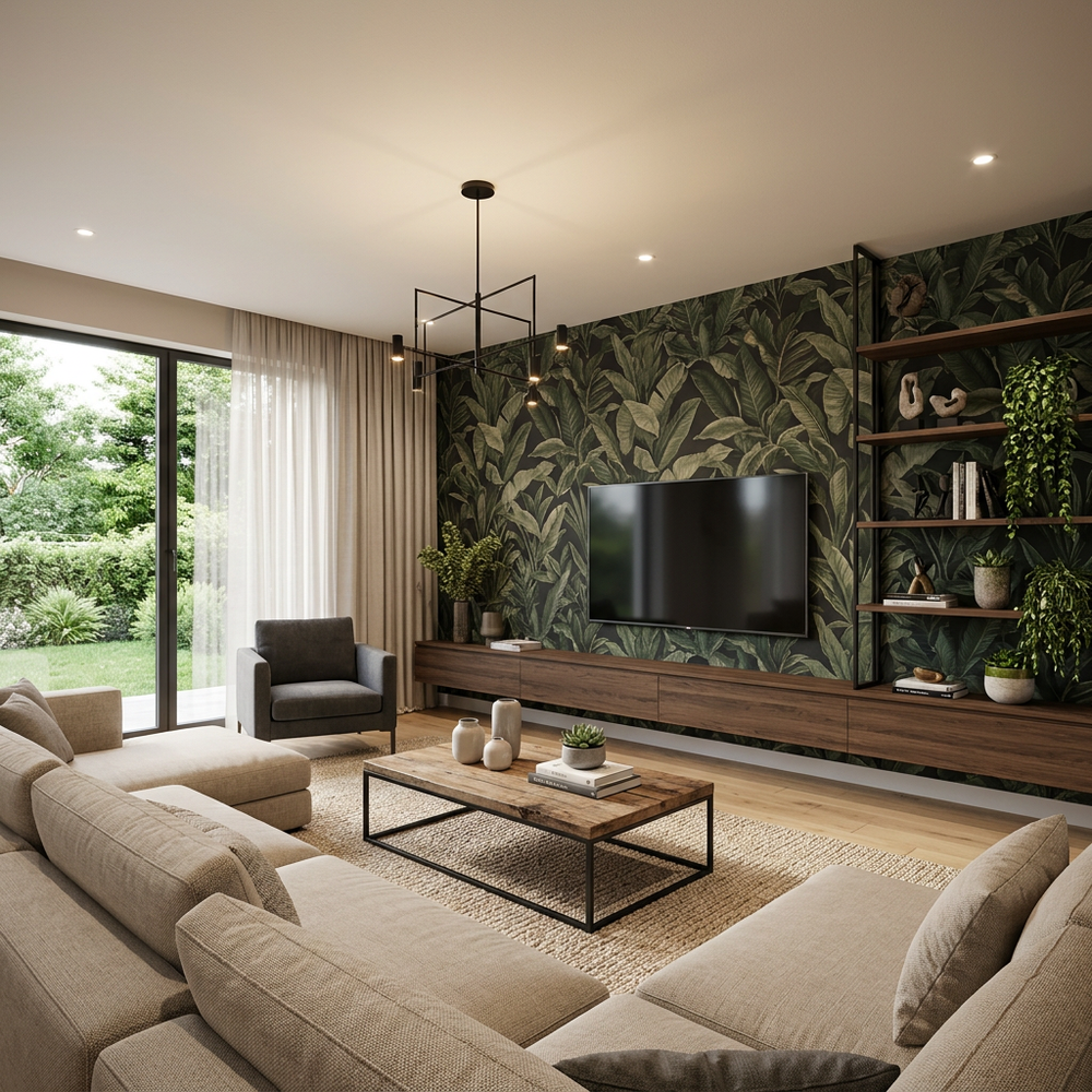 Contemporary Living Room with Botanical Accent Wall