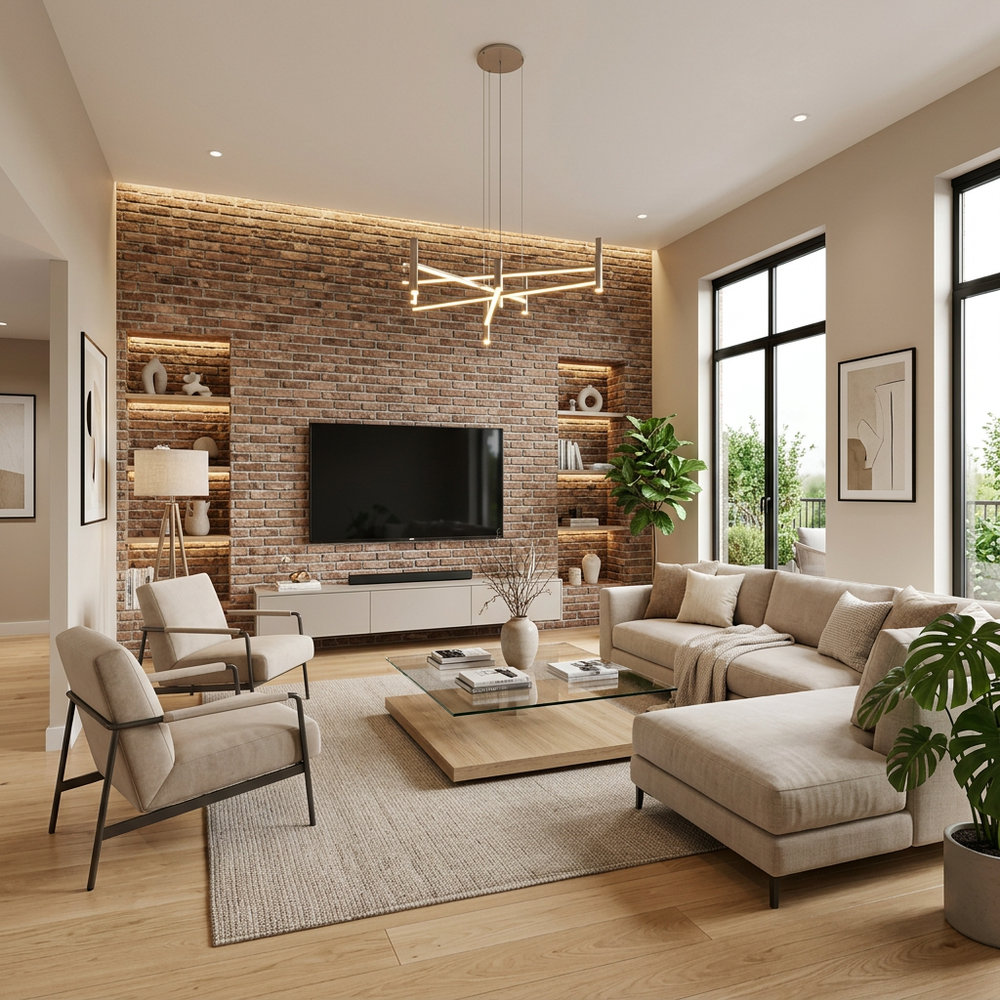 Contemporary Living Room with Brick Accent Wall